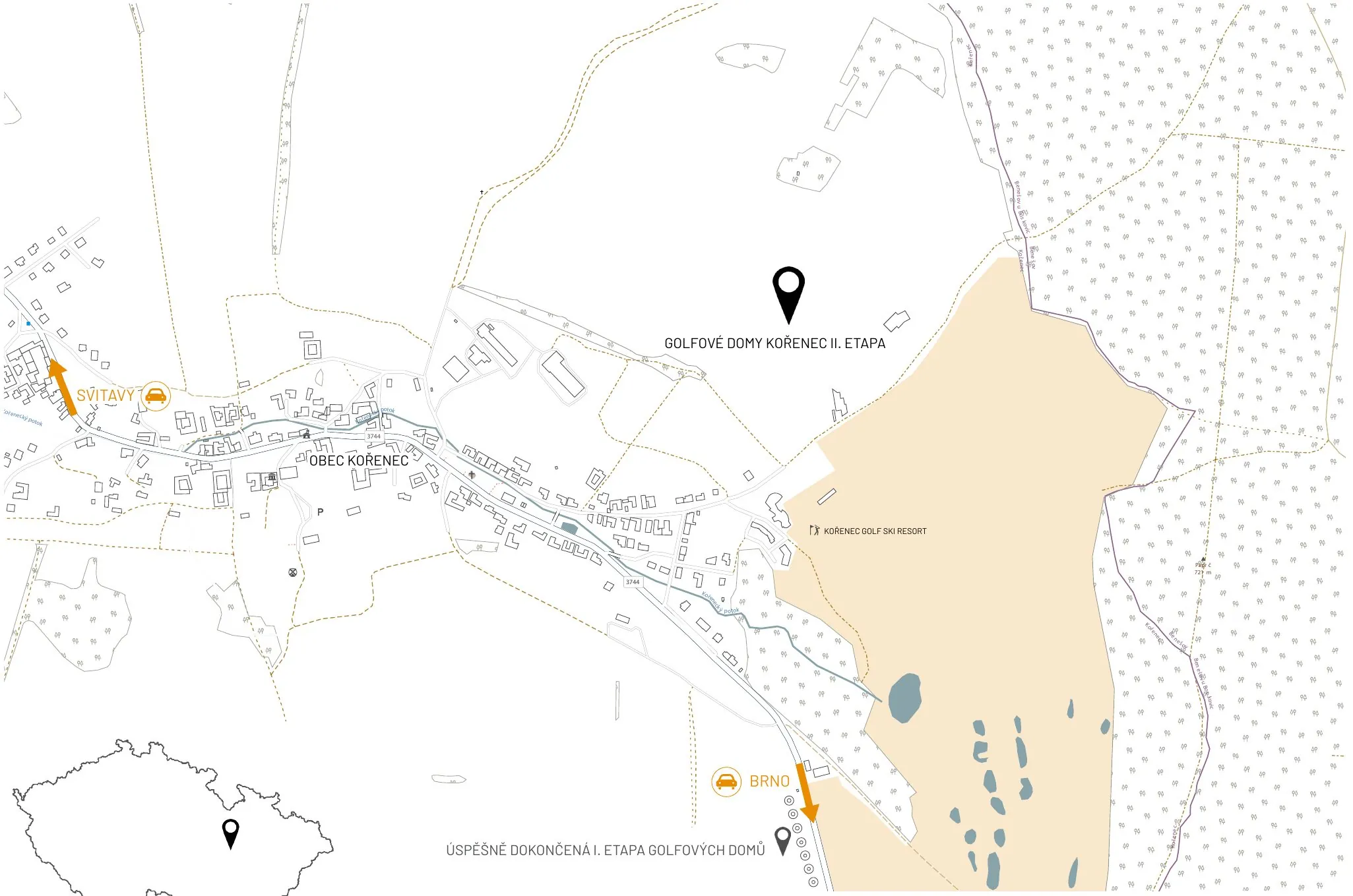 Mapa obce Kořenec s polohou Golfových domů II. etapy, golfového resortu a 1. etapy